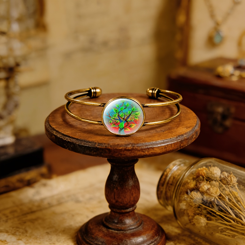 Antique Cyan Double-layer Adjustable Open-end Bangle with Artistic Tree Motif